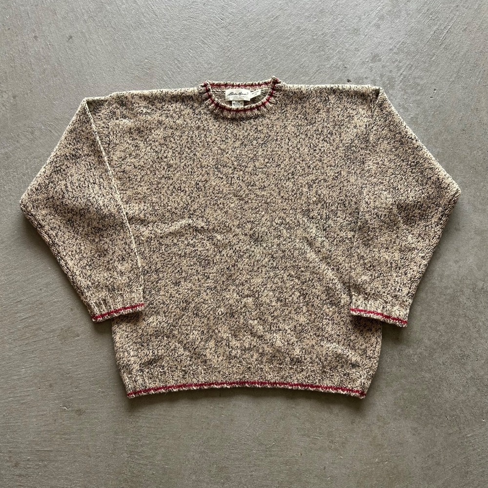 Vintage 90s Eddie Bauer Sweater Mens Large Tan Red Speckled Heavy Wool Crewneck